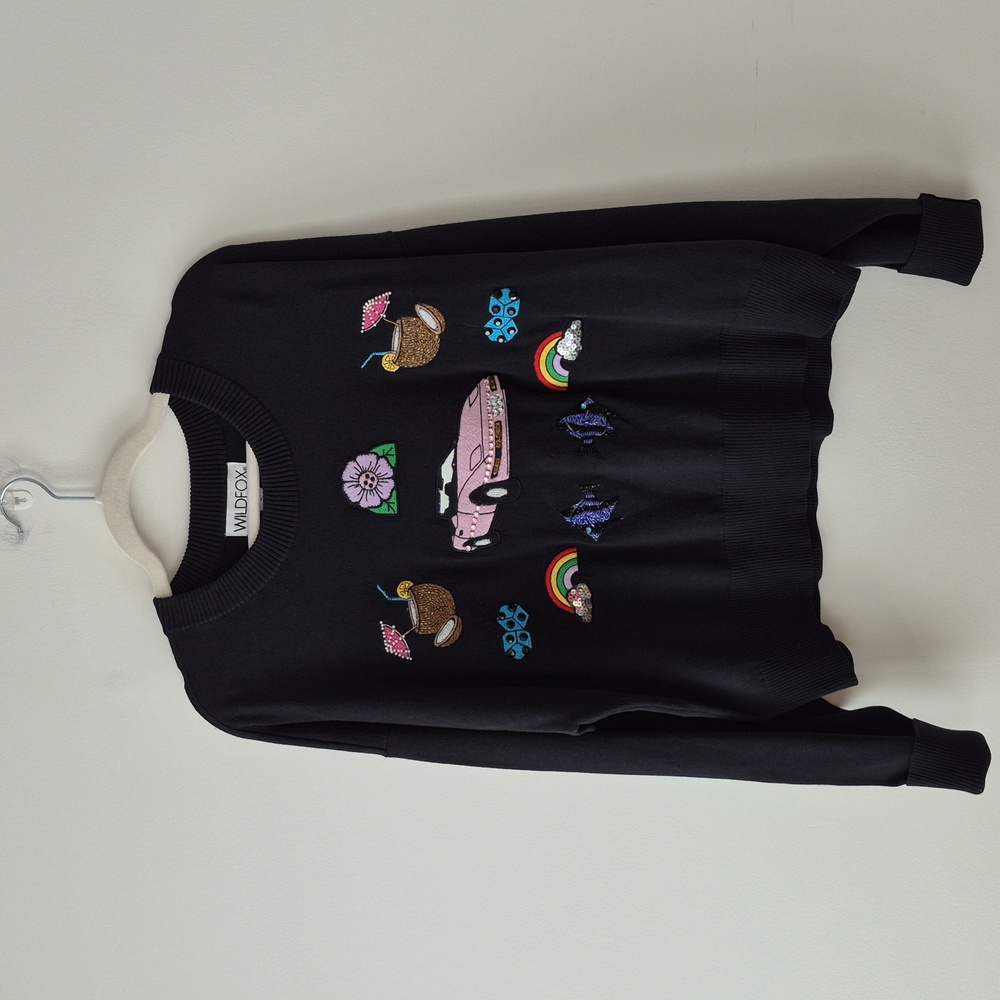 Wildfox Black Sweatshirt with Pink Car and Multicolor Embellishments
